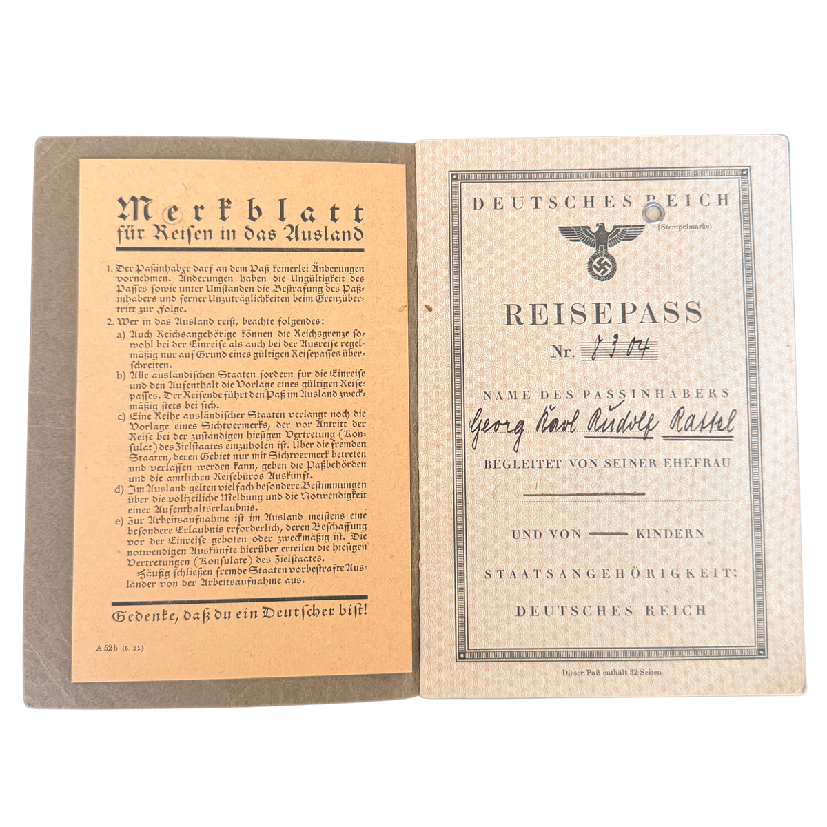 Original 1937 German Reich Passport – Third Reich Travel Document with Photograph and Stamps
