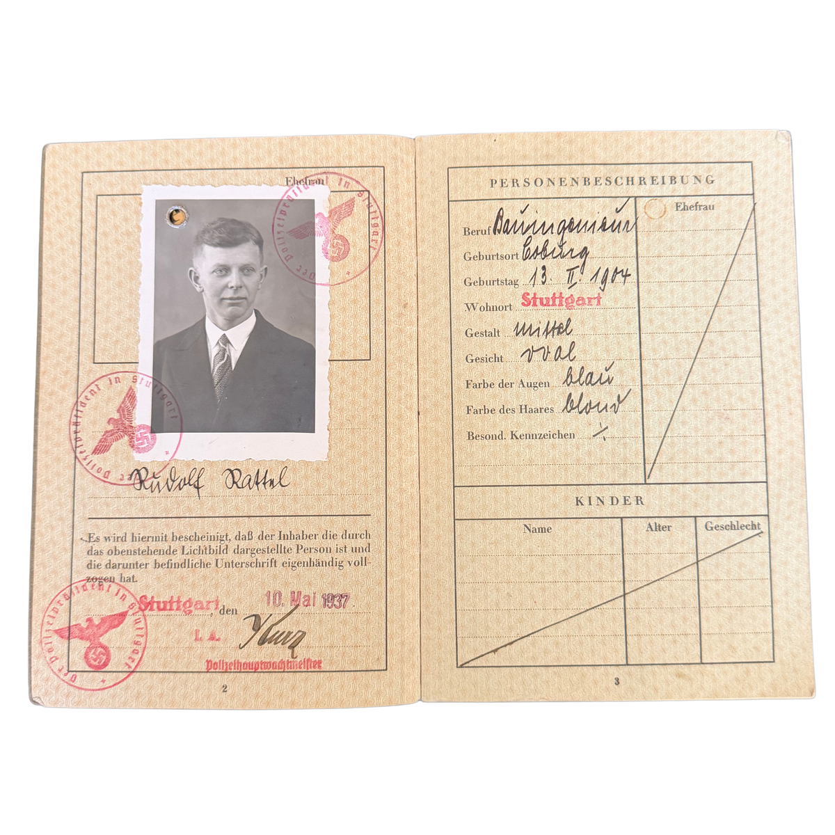 Original 1937 German Reich Passport – Third Reich Travel Document with Photograph and Stamps