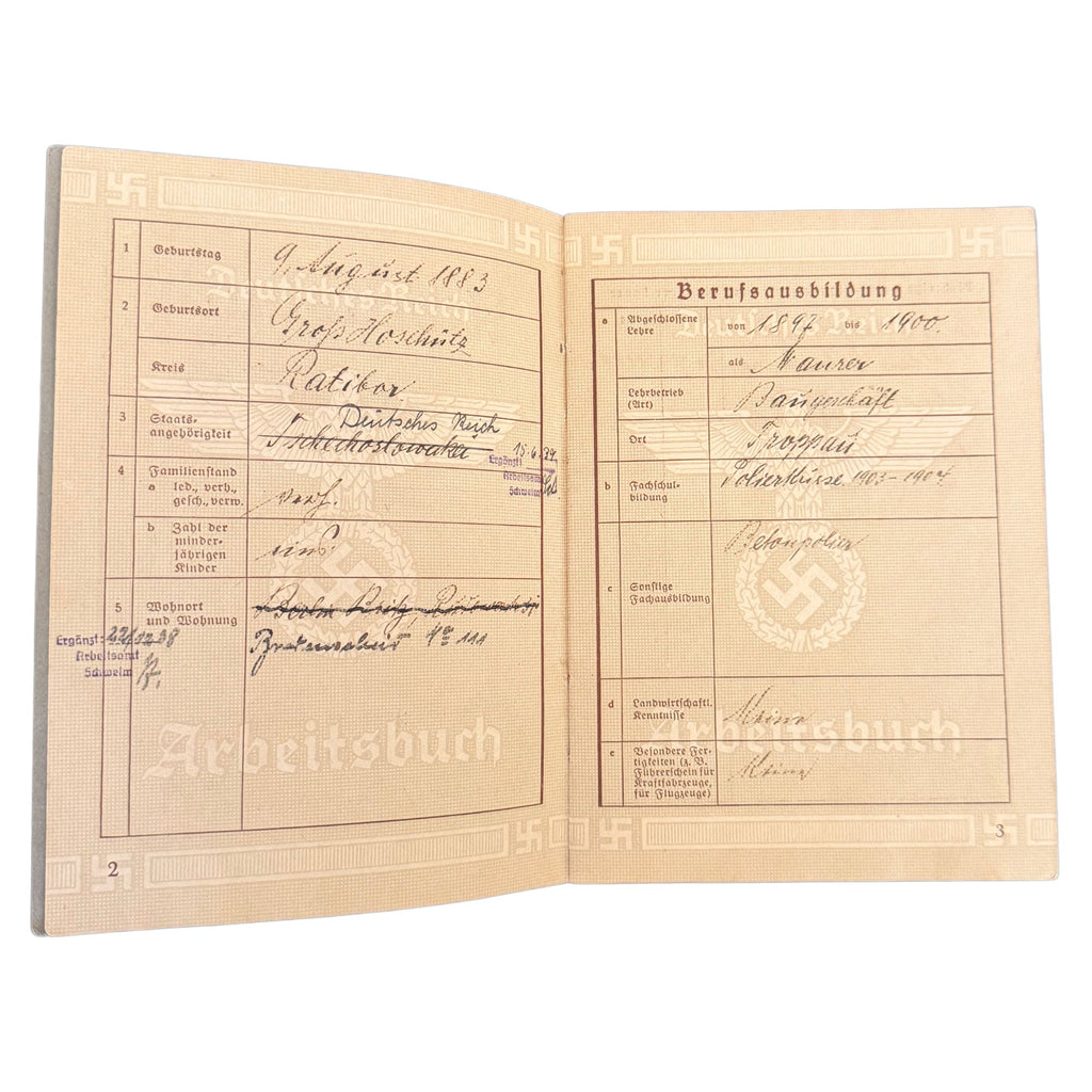 Original Arbeitsbuch of Nazi Germany — Third Reich Employment Record
